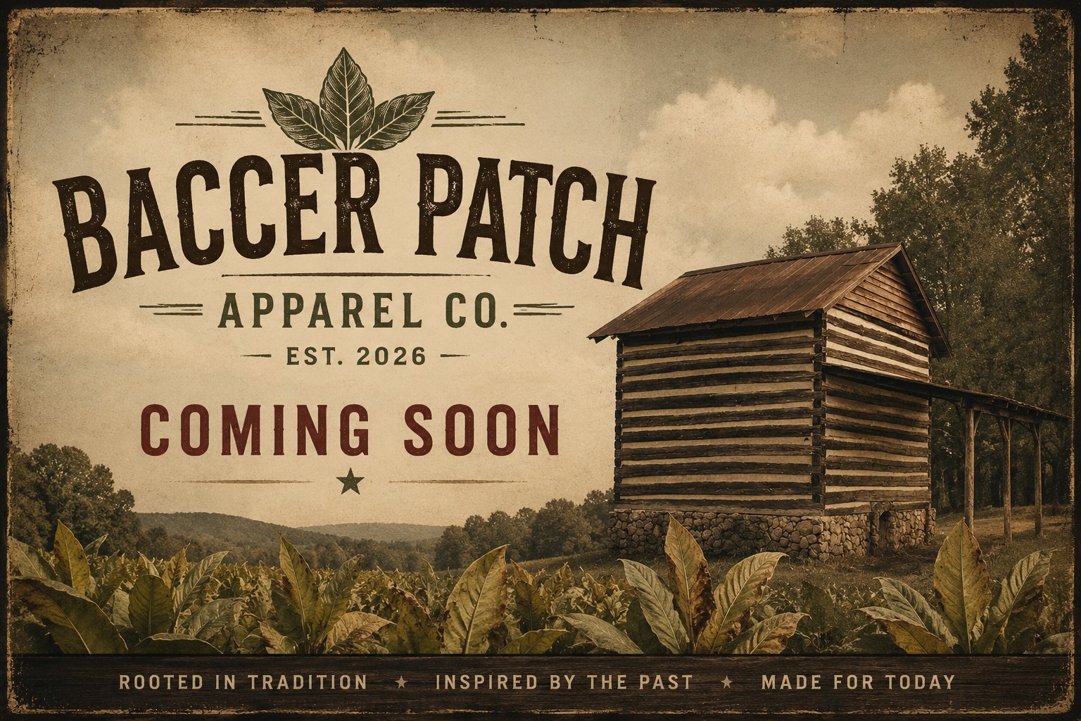 Baccer Patch Apparel Co. coming soon vintage tobacco barn graphic